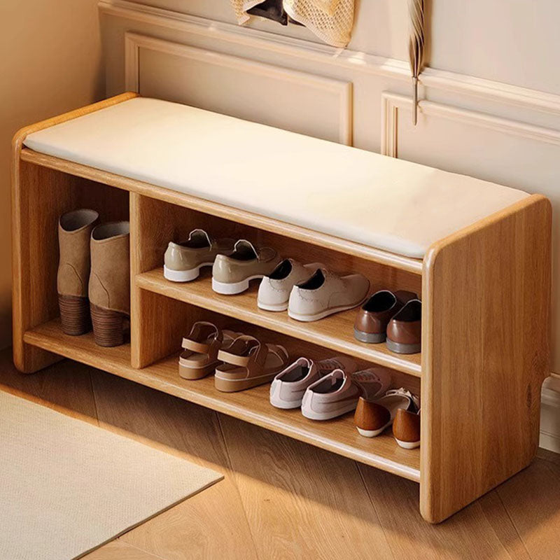Solid Wood Shoe Bench with Padded Seat Entryway Storage Bench with Shoe Shelves Faux Leather Cushion for Hallway and Living Room
