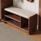 Solid Wood Shoe Bench with Padded Seat Entryway Storage Bench with Shoe Shelves Faux Leather Cushion for Hallway and Living Room
