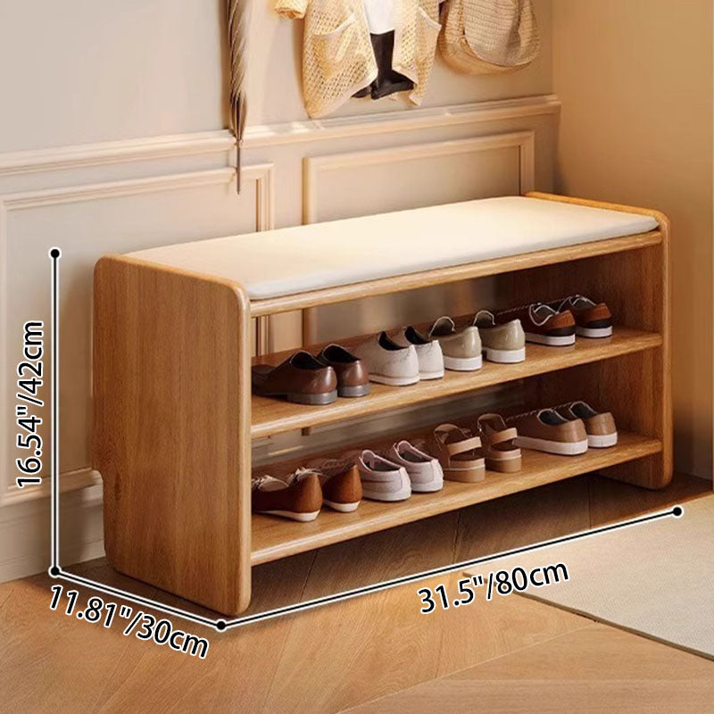 Solid Wood Shoe Bench with Padded Seat Entryway Storage Bench with Shoe Shelves Faux Leather Cushion for Hallway and Living Room