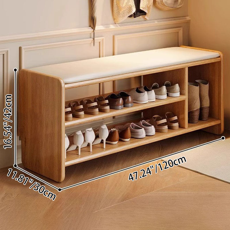 Solid Wood Shoe Bench with Padded Seat Entryway Storage Bench with Shoe Shelves Faux Leather Cushion for Hallway and Living Room