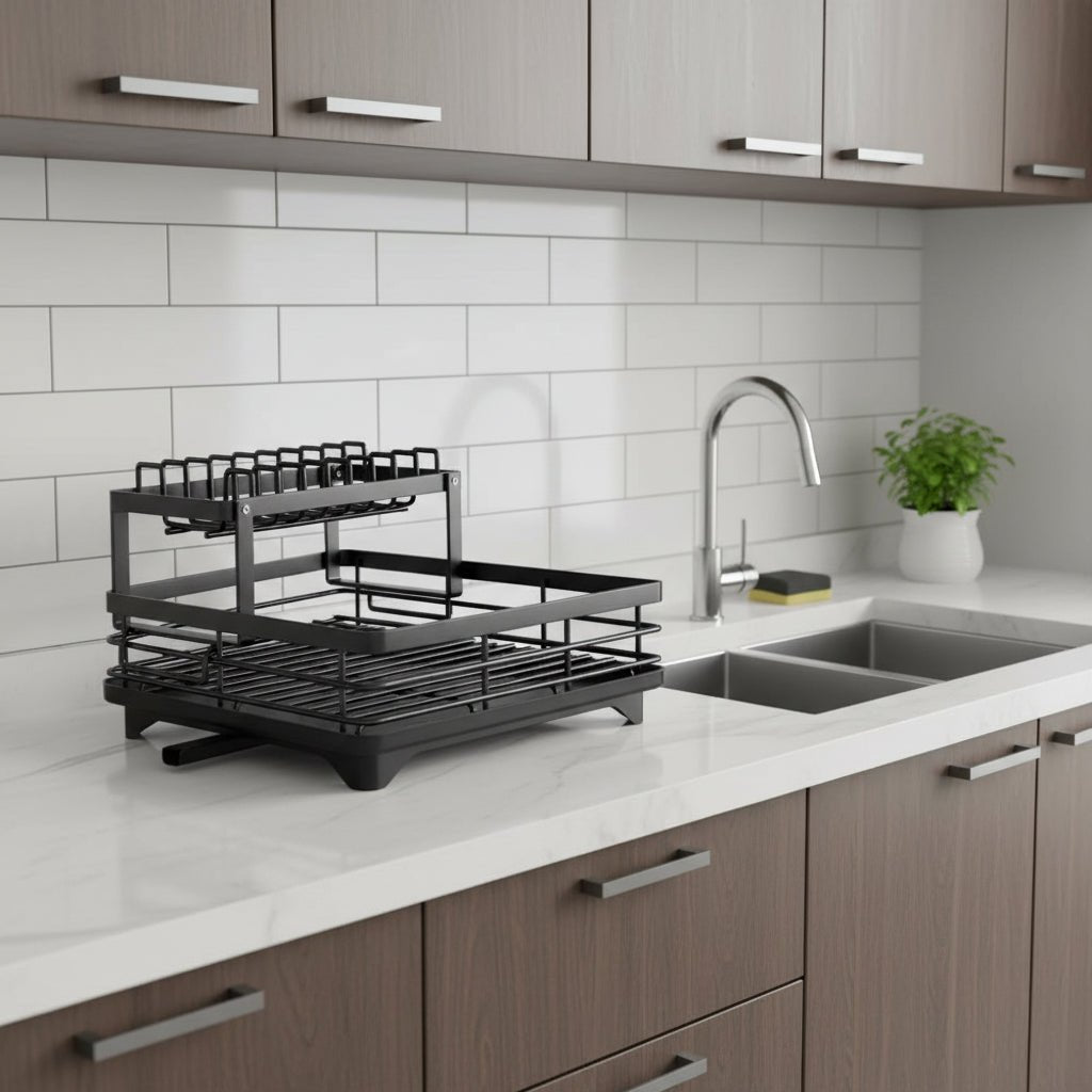 Stainless Steel Dish Drying Rack Space Saving Dish Drainer with Drip Tray and Cutlery Holder Kitchen Countertop Plate Rack for Sink Side