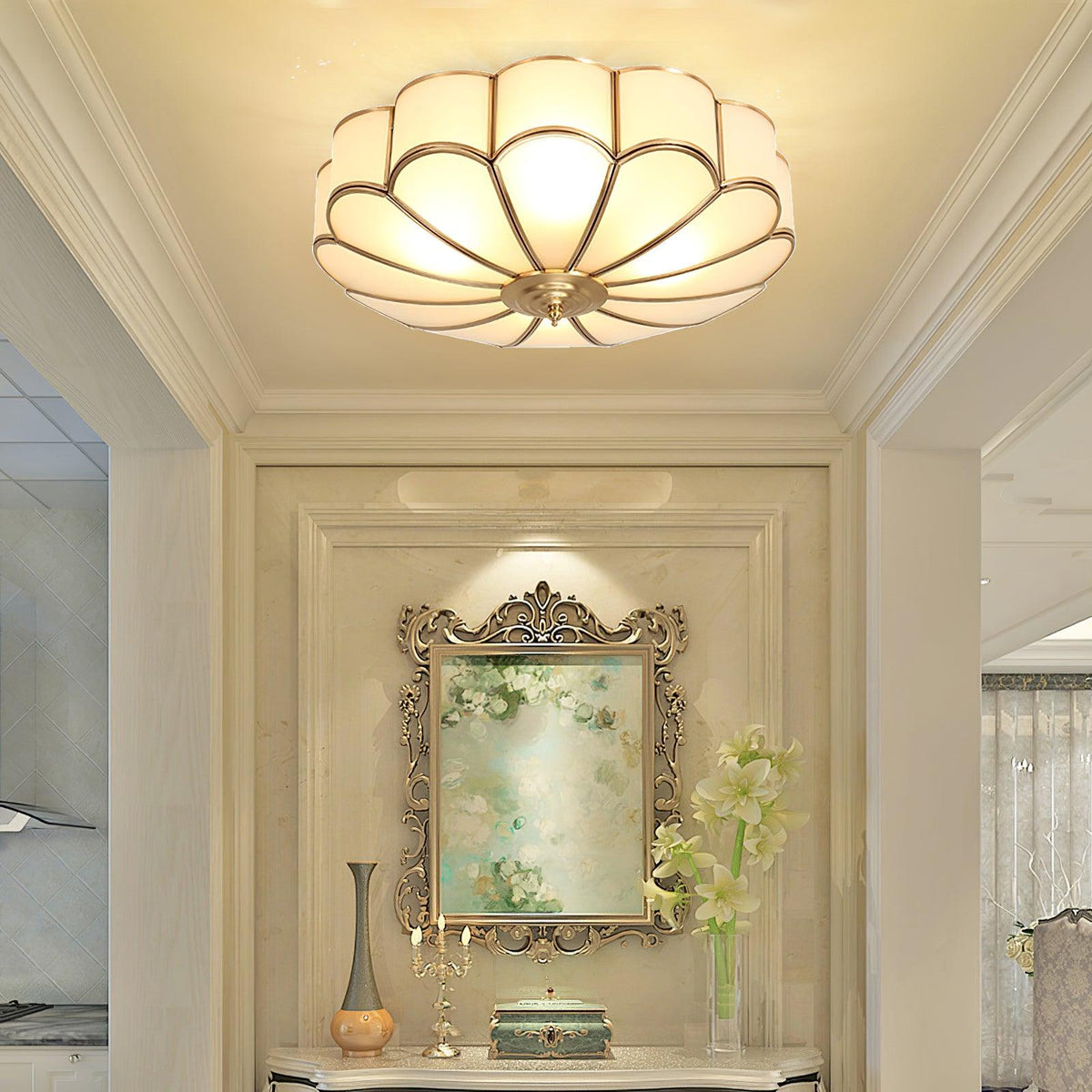 Flower-Shape Glass Flush Mount Ceiling Light With Petal Shade