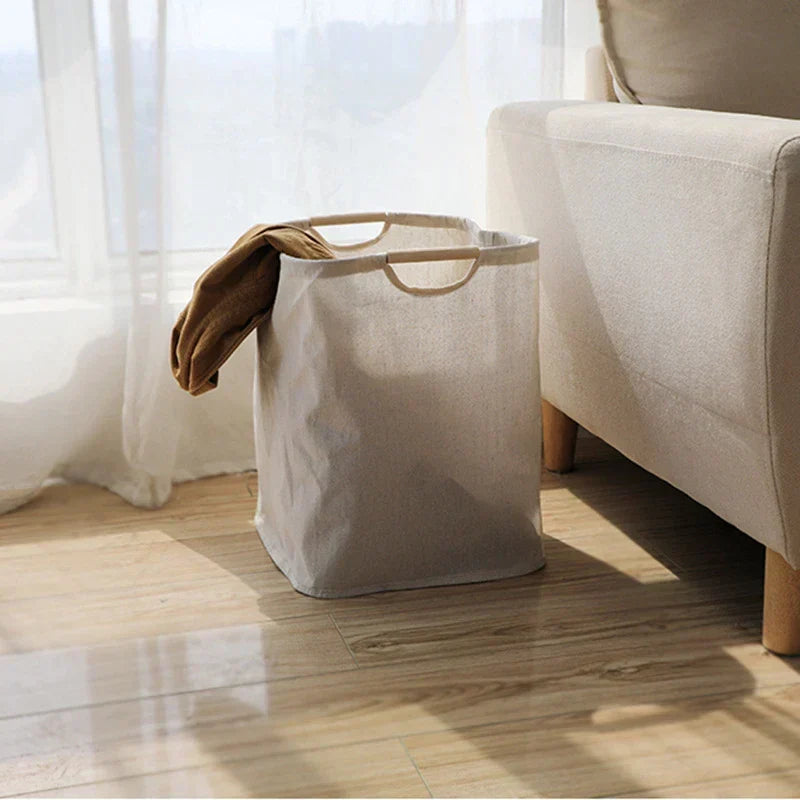 Cotton Linen Laundry Basket Foldable Japanese Style Fabric Storage Hamper with Wooden Handles Freestanding Washing Basket for Bedroom and Bathroom