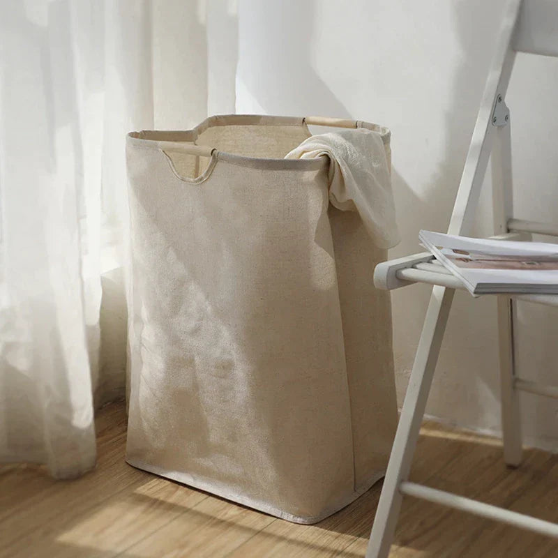 Cotton Linen Laundry Basket Foldable Japanese Style Fabric Storage Hamper with Wooden Handles Freestanding Washing Basket for Bedroom and Bathroom