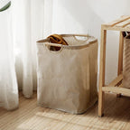 Cotton Linen Laundry Basket Foldable Japanese Style Fabric Storage Hamper with Wooden Handles Freestanding Washing Basket for Bedroom and Bathroom