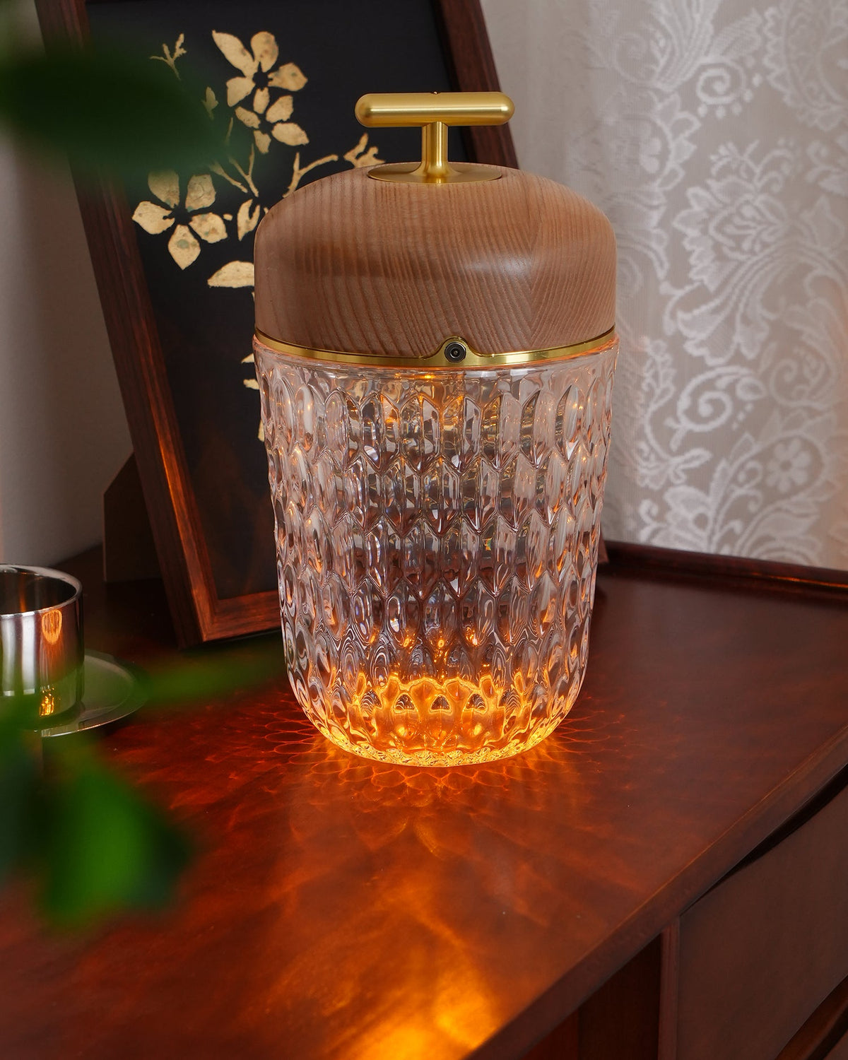 Portable Faceted Glass Table Lamp With Top Handle