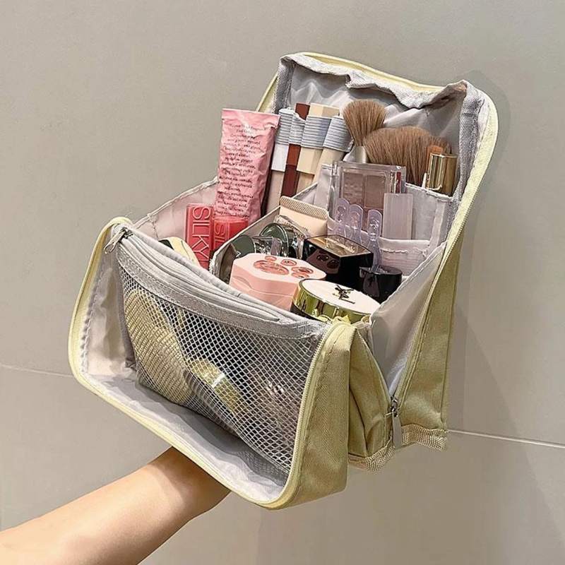 Travel Makeup Bag with Compartments Structured Waterproof Cosmetic Organiser Bag with Brush Holder and Mesh Pockets for Travel and Vanity