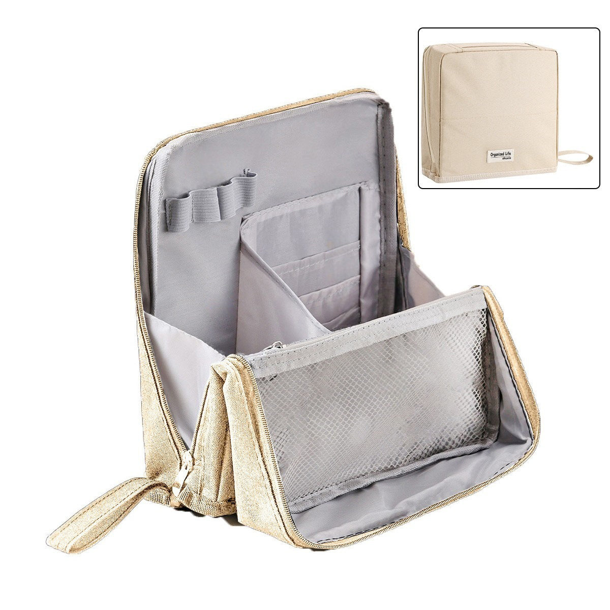 Travel Makeup Bag with Compartments Structured Waterproof Cosmetic Organiser Bag with Brush Holder and Mesh Pockets for Travel and Vanity