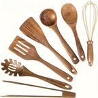 Wooden Kitchen Utensil Set Seven Piece Natural Wood Cooking Tools with Spoons | Spatulas | Tongs and Whisk Safe for Non Stick Pans
