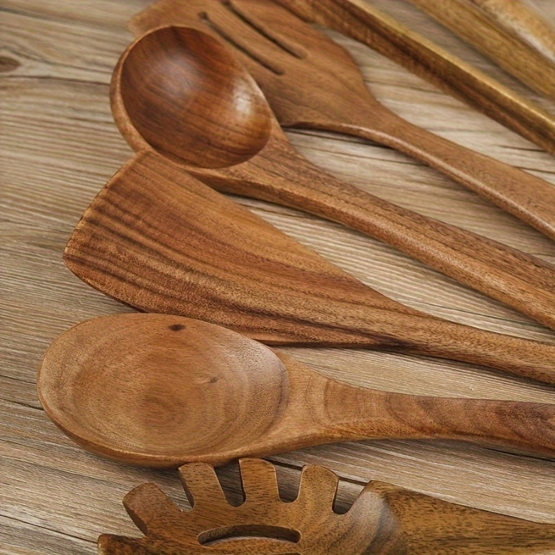 Wooden Kitchen Utensil Set Seven Piece Natural Wood Cooking Tools with Spoons | Spatulas | Tongs and Whisk Safe for Non Stick Pans