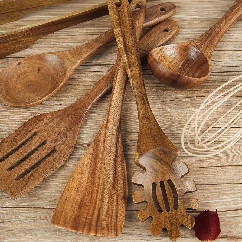 Wooden Kitchen Utensil Set Seven Piece Natural Wood Cooking Tools with Spoons | Spatulas | Tongs and Whisk Safe for Non Stick Pans