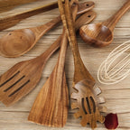 Wooden Kitchen Utensil Set Seven Piece Natural Wood Cooking Tools with Spoons | Spatulas | Tongs and Whisk Safe for Non Stick Pans