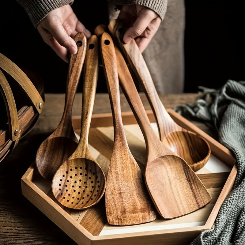 Wooden Kitchen Utensil Set Five Piece Natural Hardwood Cooking Spoons | Ladle | Slotted Skimmer and Spatulas Safe for Non Stick Pans