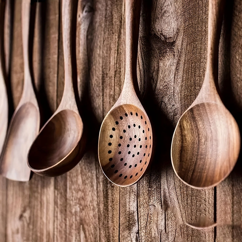 Wooden Kitchen Utensil Set Five Piece Natural Hardwood Cooking Spoons | Ladle | Slotted Skimmer and Spatulas Safe for Non Stick Pans