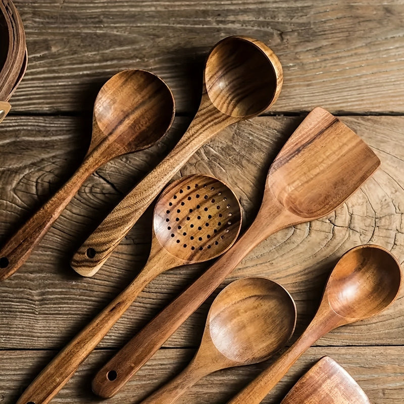 Wooden Kitchen Utensil Set Five Piece Natural Hardwood Cooking Spoons | Ladle | Slotted Skimmer and Spatulas Safe for Non Stick Pans