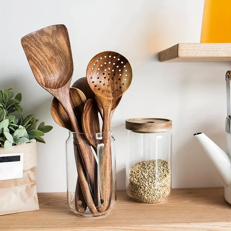 Wooden Kitchen Utensil Set Five Piece Natural Hardwood Cooking Spoons | Ladle | Slotted Skimmer and Spatulas Safe for Non Stick Pans
