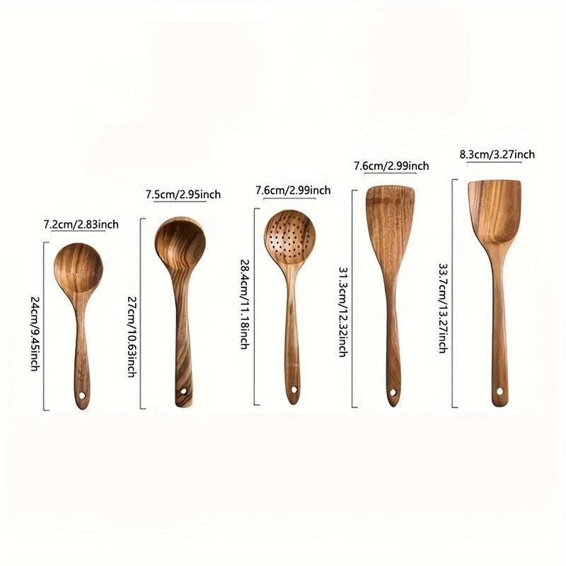 Wooden Kitchen Utensil Set Five Piece Natural Hardwood Cooking Spoons | Ladle | Slotted Skimmer and Spatulas Safe for Non Stick Pans