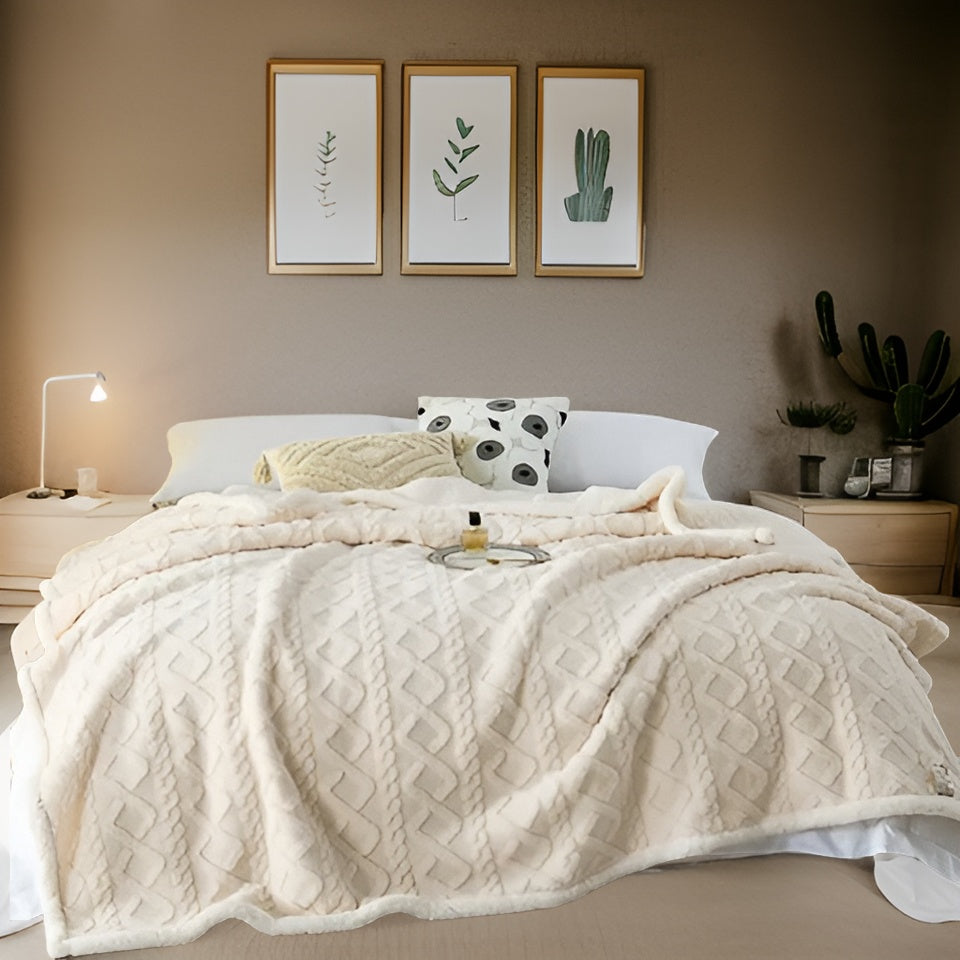 Sherpa Fleece Blanket Double Sided Cable Textured Flannel Throw with Fluffy Lining Warm Bed Blanket for Sofa | Bed and Armchair
