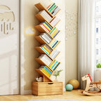 Tree Bookshelf with Drawer Freestanding Wooden Book Tower Tall Narrow Bookcase for Home Office | Bedroom and Kids Room