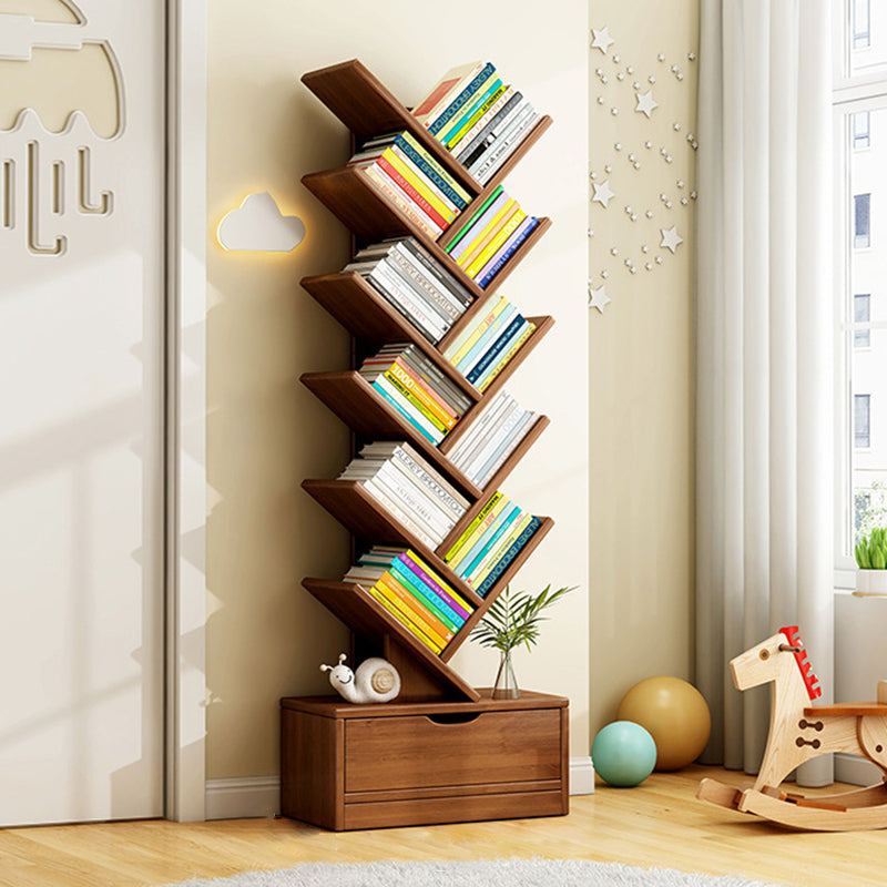 Tree Bookshelf with Drawer Freestanding Wooden Book Tower Tall Narrow Bookcase for Home Office | Bedroom and Kids Room