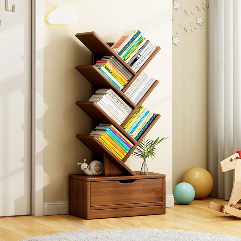 Tree Bookshelf with Drawer Freestanding Wooden Book Tower Tall Narrow Bookcase for Home Office | Bedroom and Kids Room