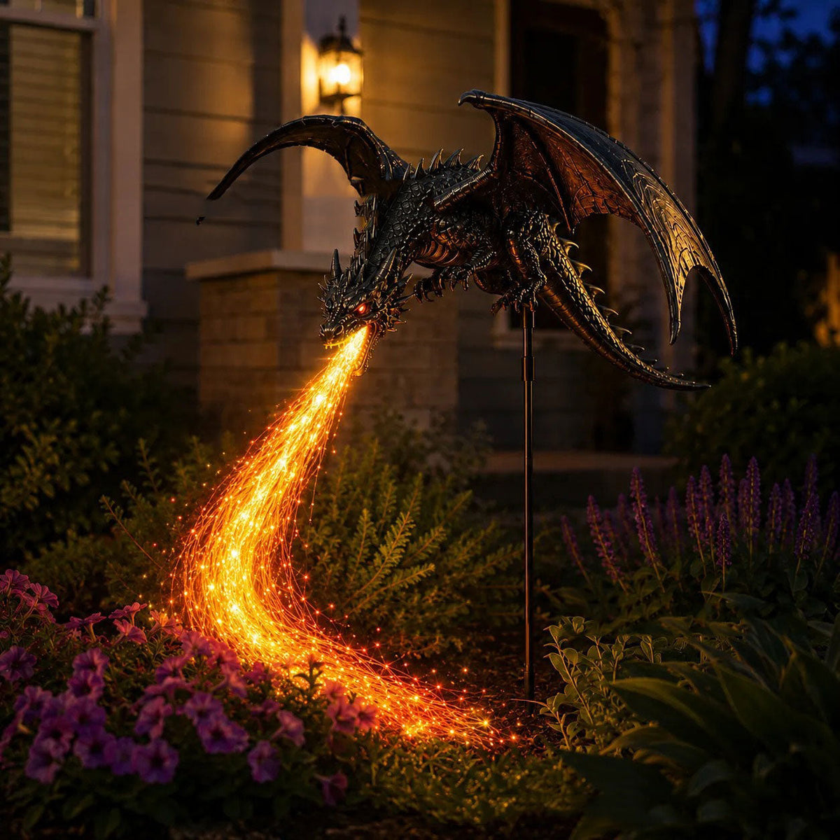 Solar Dragon Garden Light Fire Breathing Dragon Stake with Glowing Fibre Optic Flame Weatherproof Decoration for Flower Beds | Paths and Patios