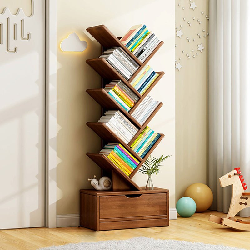 Tree Bookshelf with Drawer Freestanding Wooden Book Tower Tall Narrow Bookcase for Home Office | Bedroom and Kids Room