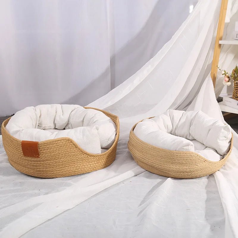 Woven Cat Bed Basket Natural Fibre Pet Sofa with Soft Removable Cotton Cushion Round Cat Basket for Indoor Cats | Small Dogs