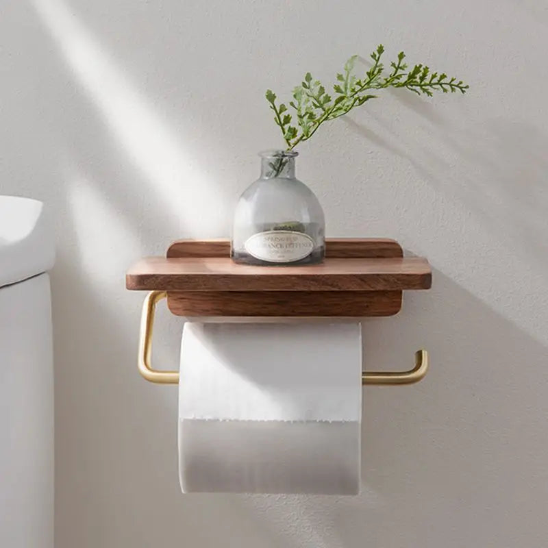 Walnut Toilet Roll Holder with Shelf Wall Mounted Solid Wood and Brass Tone Metal Toilet Paper Holder for Bathroom and Cloakroom