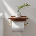 Walnut Toilet Roll Holder with Shelf Wall Mounted Solid Wood and Brass Tone Metal Toilet Paper Holder for Bathroom and Cloakroom