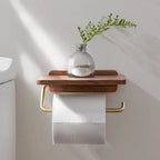 Walnut Toilet Roll Holder with Shelf Wall Mounted Solid Wood and Brass Tone Metal Toilet Paper Holder for Bathroom and Cloakroom