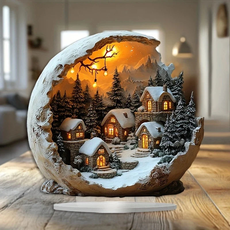 Christmas Village Acrylic Ornament Boho Style Printed Standing Decoration Snowy Cottage Scene for Table | Windowsill and Desk