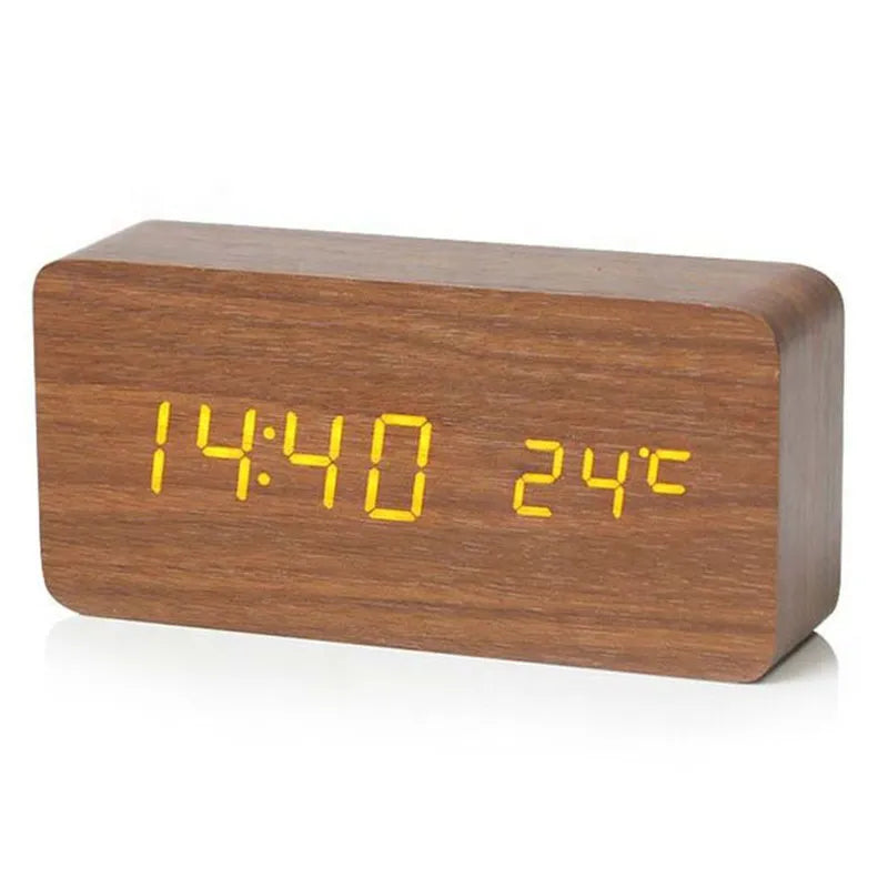 Wooden Digital Alarm Clock LED Display Silent Non Ticking Desk Clock with Temperature Display Minimalist Wood Block Bedside Clock for Bedroom