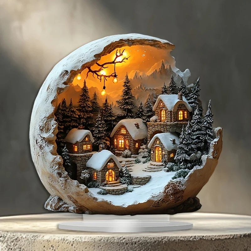 Christmas Village Acrylic Ornament Boho Style Printed Standing Decoration Snowy Cottage Scene for Table | Windowsill and Desk