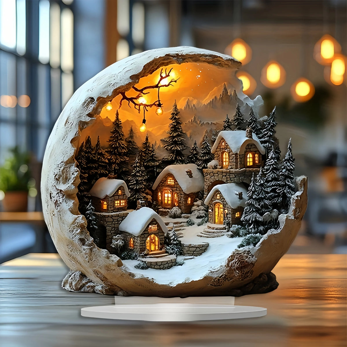 Christmas Village Acrylic Ornament Boho Style Printed Standing Decoration Snowy Cottage Scene for Table | Windowsill and Desk