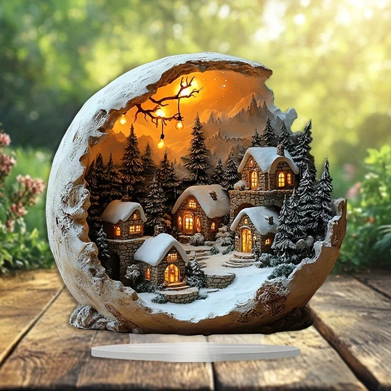 Christmas Village Acrylic Ornament Boho Style Printed Standing Decoration Snowy Cottage Scene for Table | Windowsill and Desk