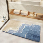 Coastal Bath Mat Soft Microfibre Bathroom Rug with Beach Wave Design Absorbent Non Slip Machine Washable Mat for Bathroom and Shower