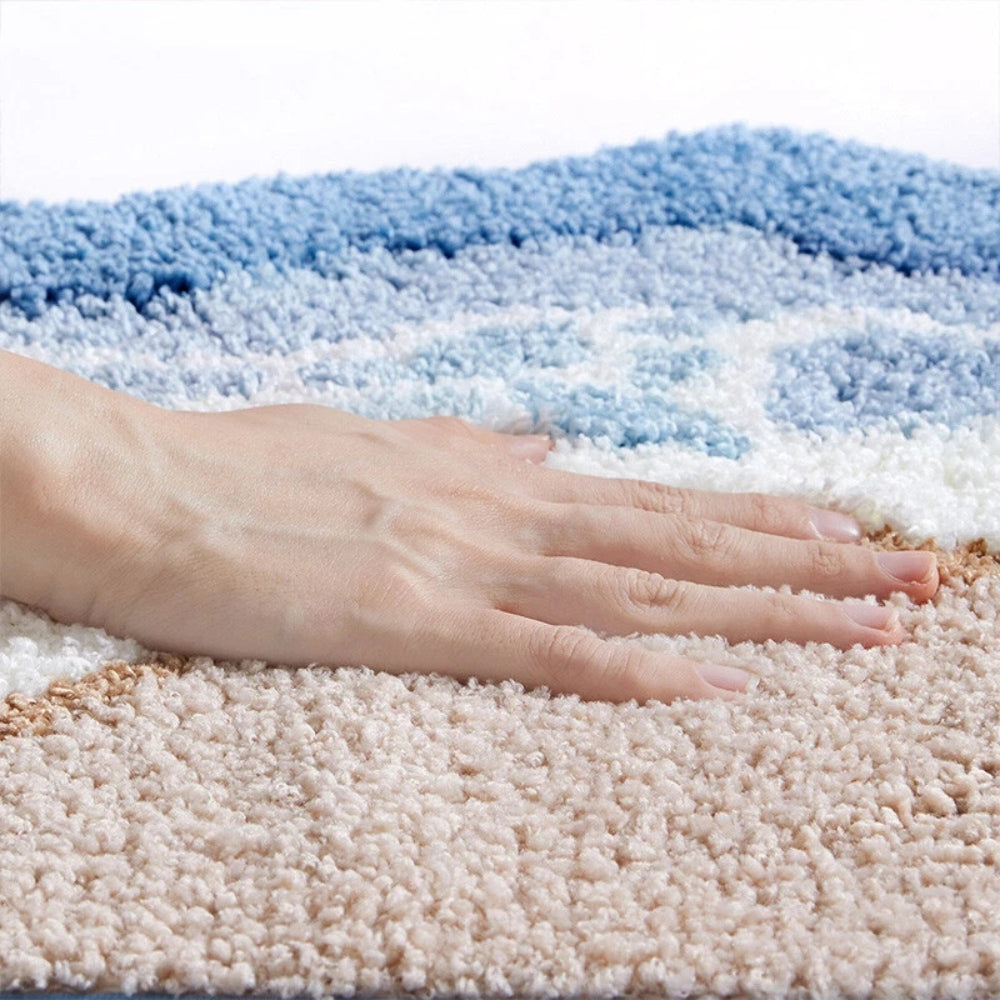 Coastal Bath Mat Soft Microfibre Bathroom Rug with Beach Wave Design Absorbent Non Slip Machine Washable Mat for Bathroom and Shower