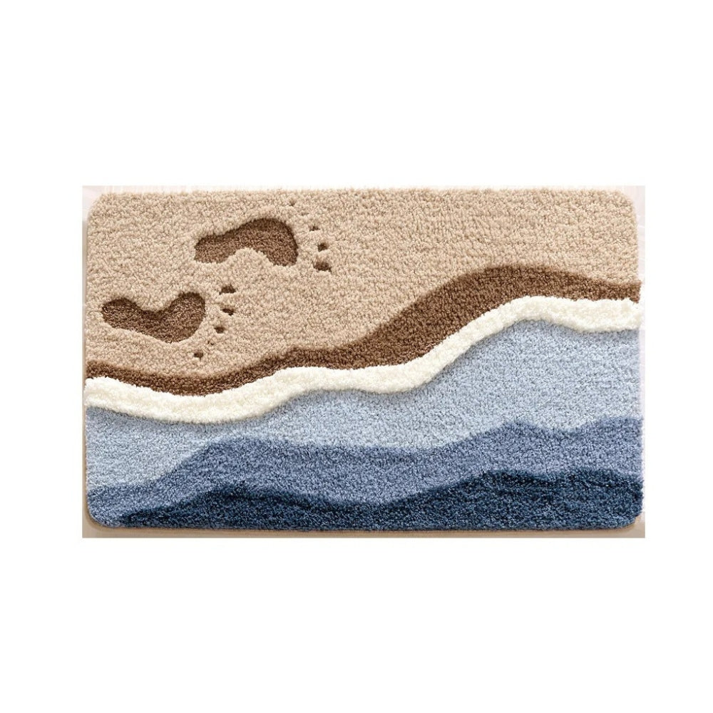 Coastal Bath Mat Soft Microfibre Bathroom Rug with Beach Wave Design Absorbent Non Slip Machine Washable Mat for Bathroom and Shower