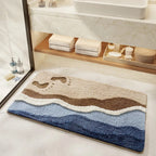 Coastal Bath Mat Soft Microfibre Bathroom Rug with Beach Wave Design Absorbent Non Slip Machine Washable Mat for Bathroom and Shower