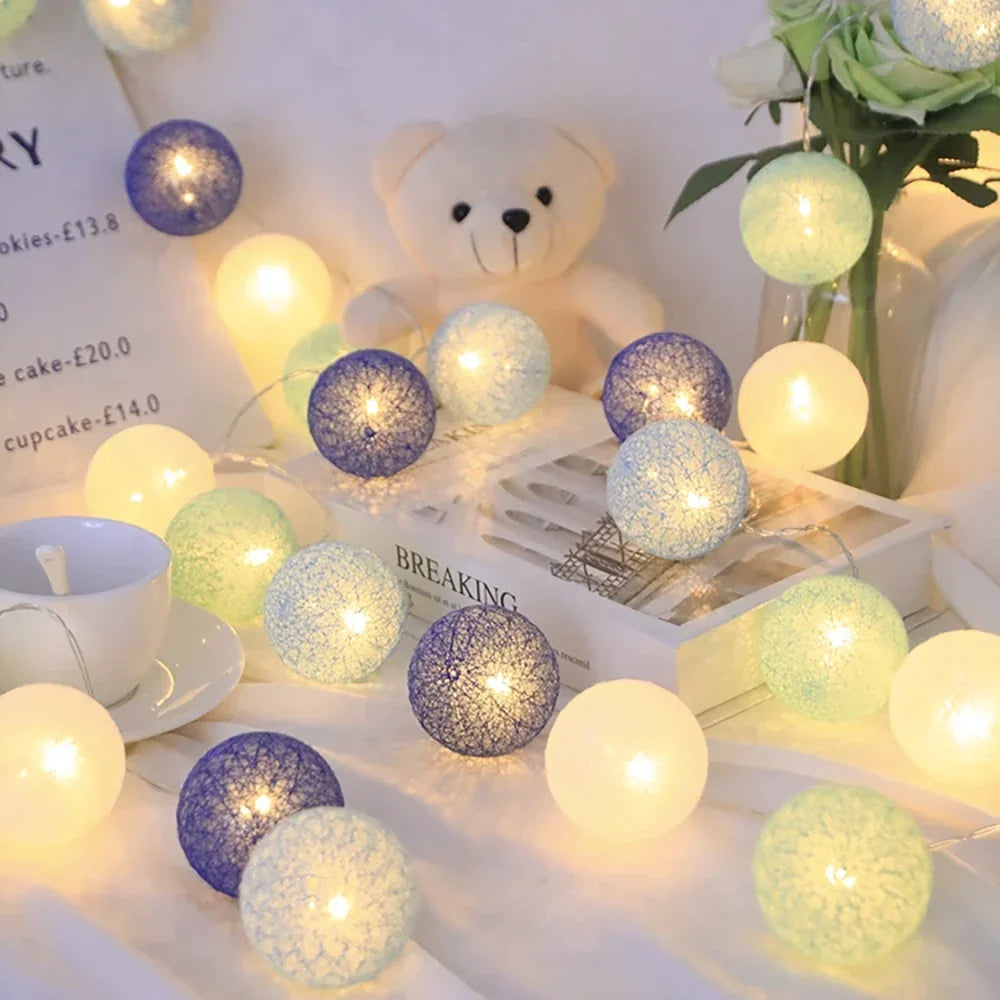 Cotton Ball String Lights LED Fairy Lights with Woven Cotton Balls Battery or USB Powered Garland Lights for Bedroom | Living Room | Nursery and Party