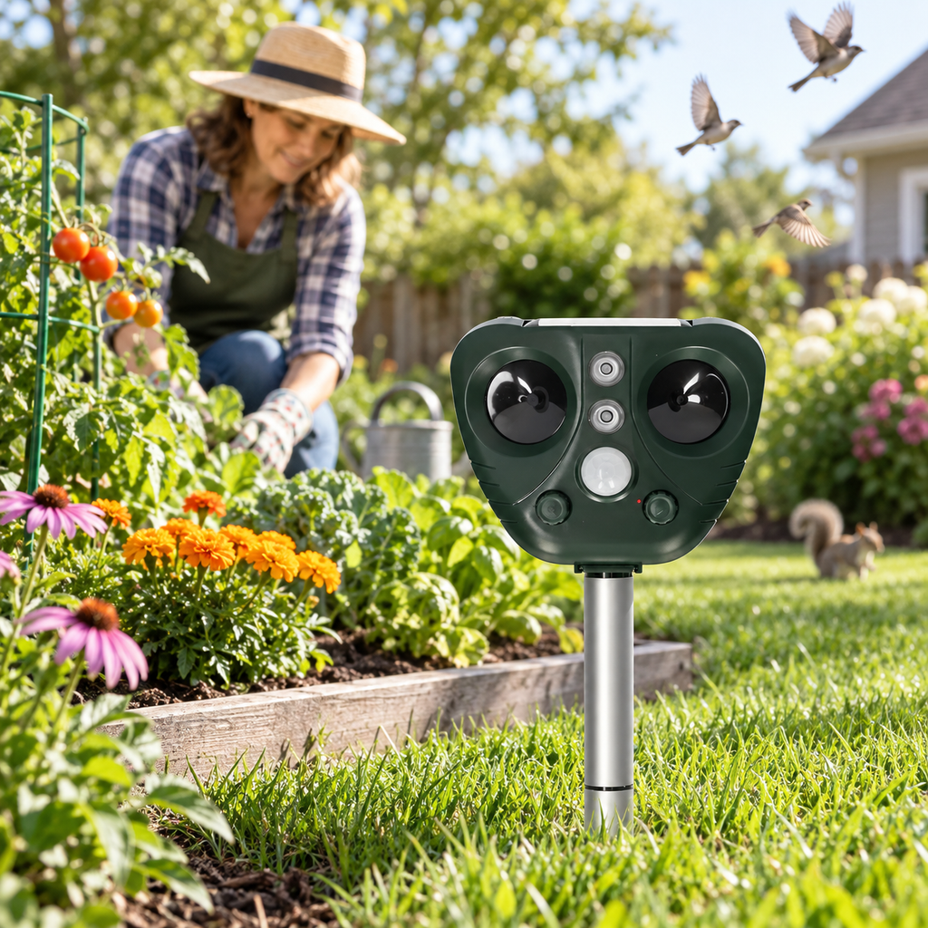Solar Ultrasonic Bird Repeller Outdoor Garden Bird Deterrent with Motion Sensor and Flashing LED Lights Weatherproof Stake Mounted Repeller for Yards