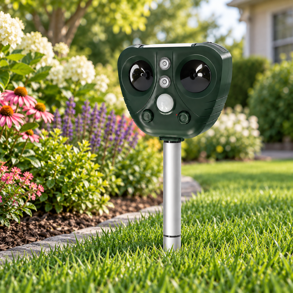 Solar Ultrasonic Bird Repeller Outdoor Garden Bird Deterrent with Motion Sensor and Flashing LED Lights Weatherproof Stake Mounted Repeller for Yards