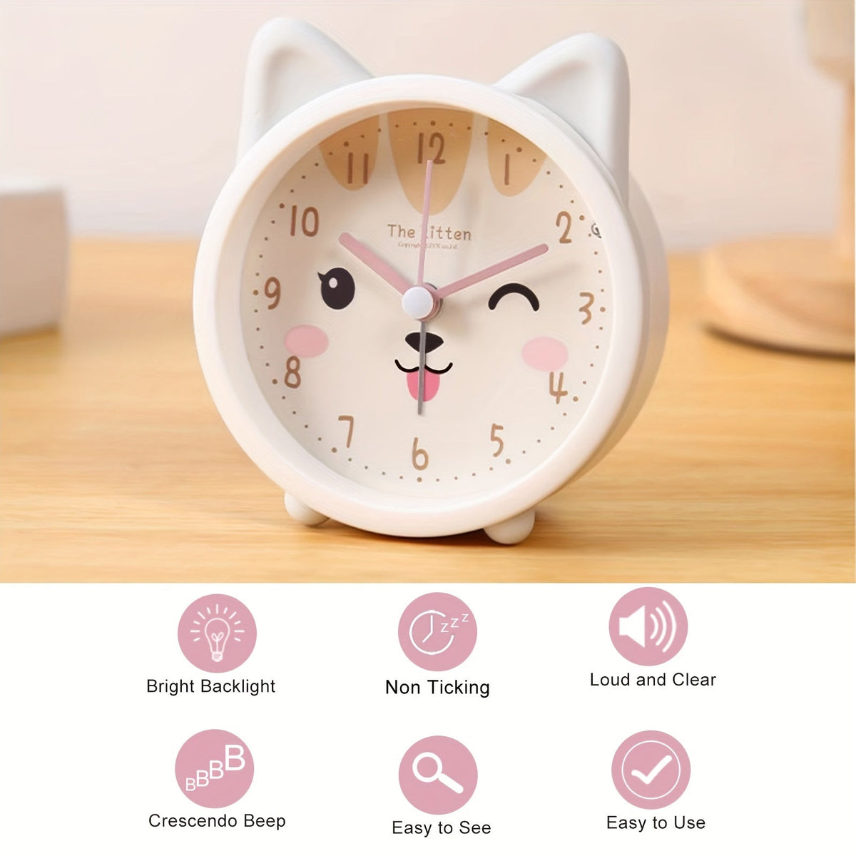 Silent Kids Alarm Clock with Night Light Cute Animal Bedside Clock Non-Ticking Battery Operated Children's Alarm Clock for Bedroom and Nursery