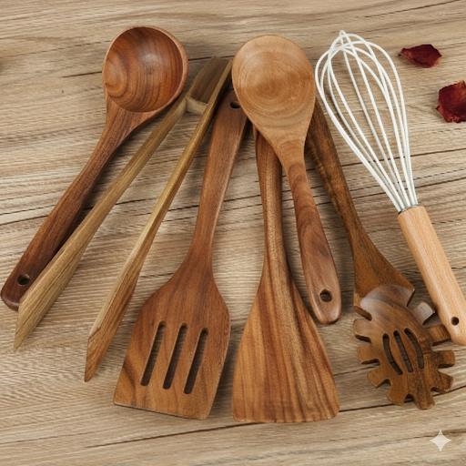Wooden Kitchen Utensil Set Seven Piece Natural Wood Cooking Tools with Spoons | Spatulas | Tongs and Whisk Safe for Non Stick Pans