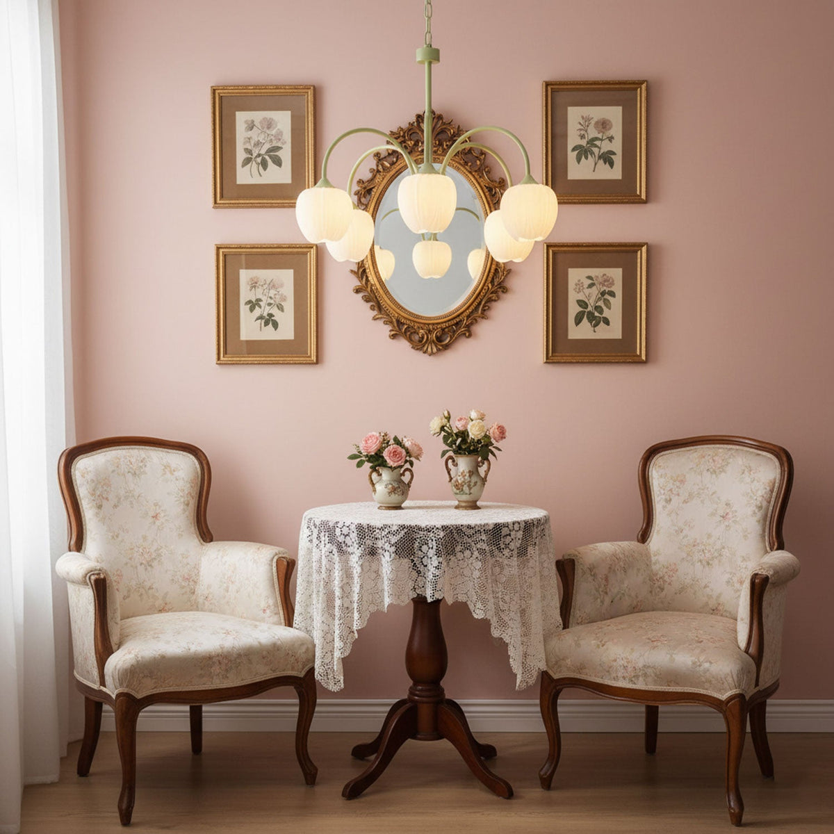 Five-Light Floral Glass Chandelier With Curved Arms