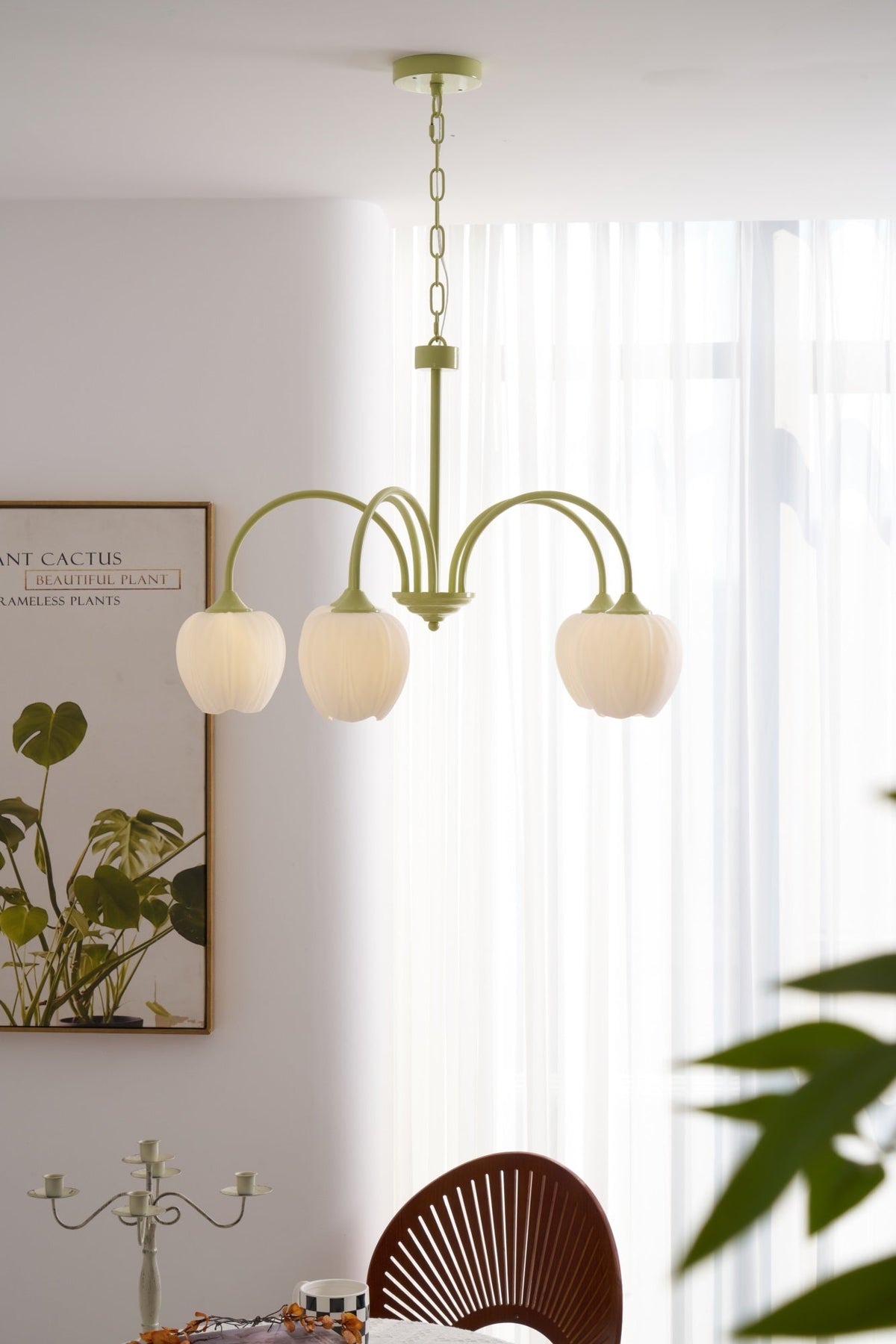 Five-Light Floral Glass Chandelier With Curved Arms