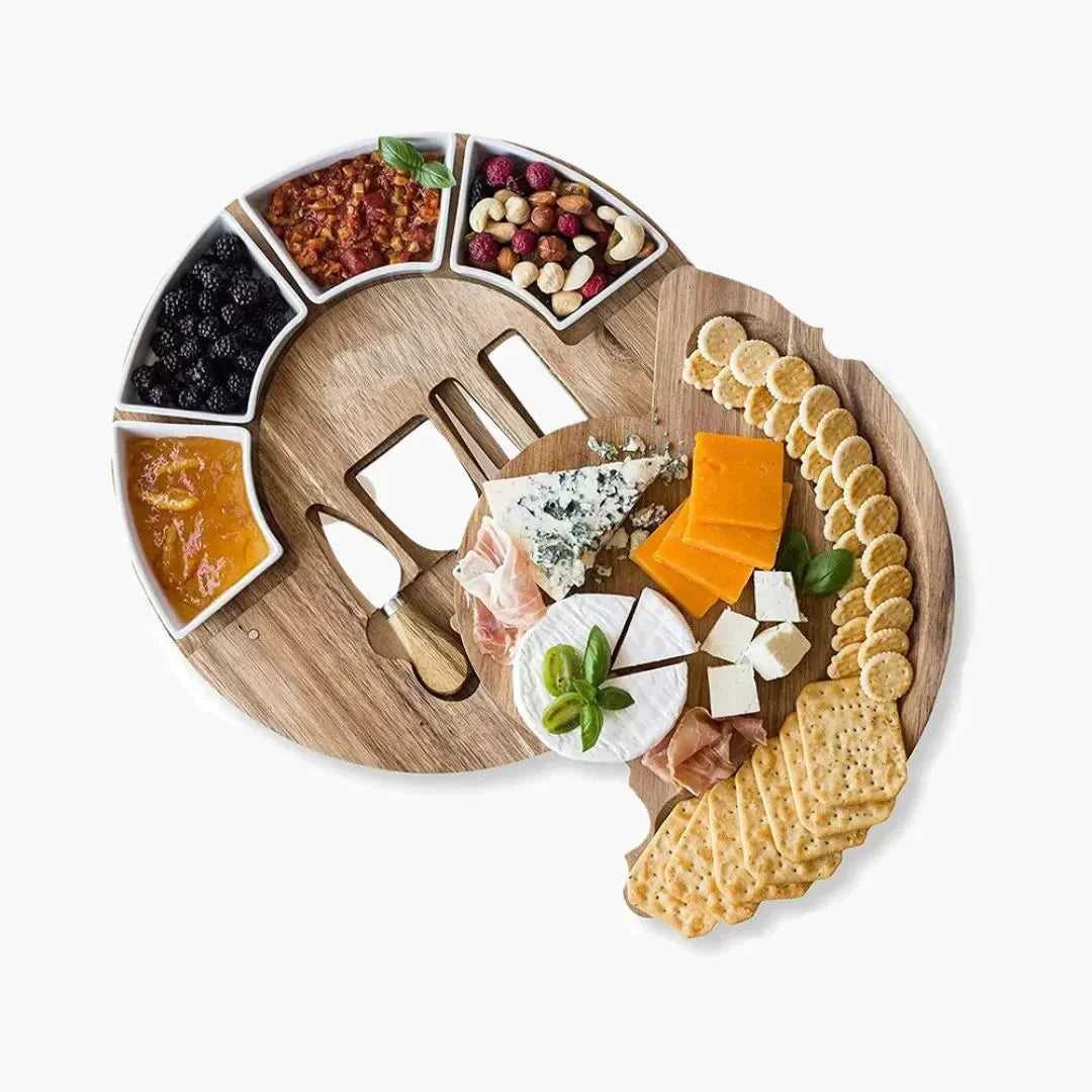 Cheese Board and Knife Set Round Acacia Wood Charcuterie Board with Ceramic Bowls and Stainless Steel Cheese Knives for Entertaining