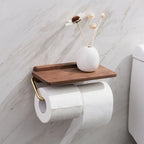 Walnut Toilet Roll Holder with Shelf Wall Mounted Solid Wood and Brass Tone Metal Toilet Paper Holder for Bathroom and Cloakroom