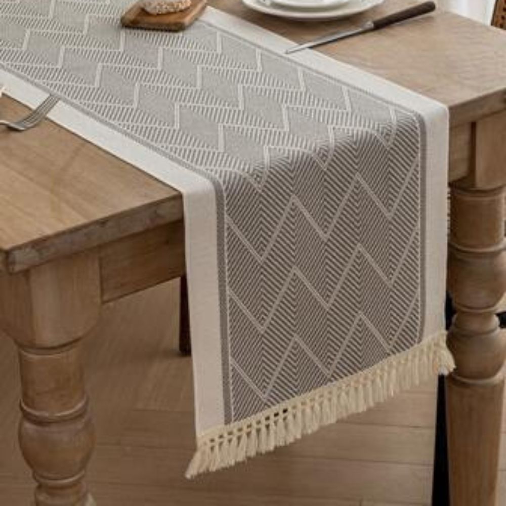 Woven Table Runner with Tassels Zigzag Textured Microfibre Dining Table Runner Farmhouse Style for Dining Table | Sideboard and Coffee Table